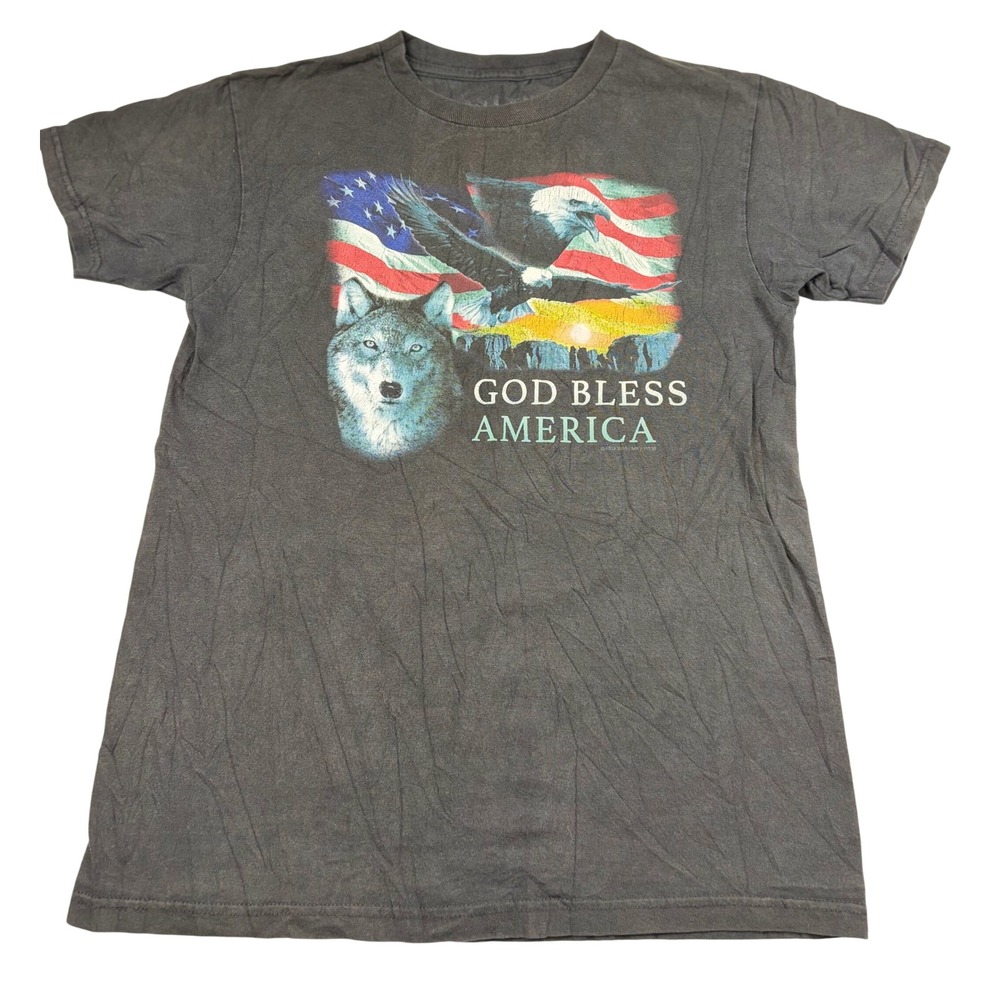 5-Star God Bless America T-Shirt Small Gray Wolf Eagle American Flag Patriotic
